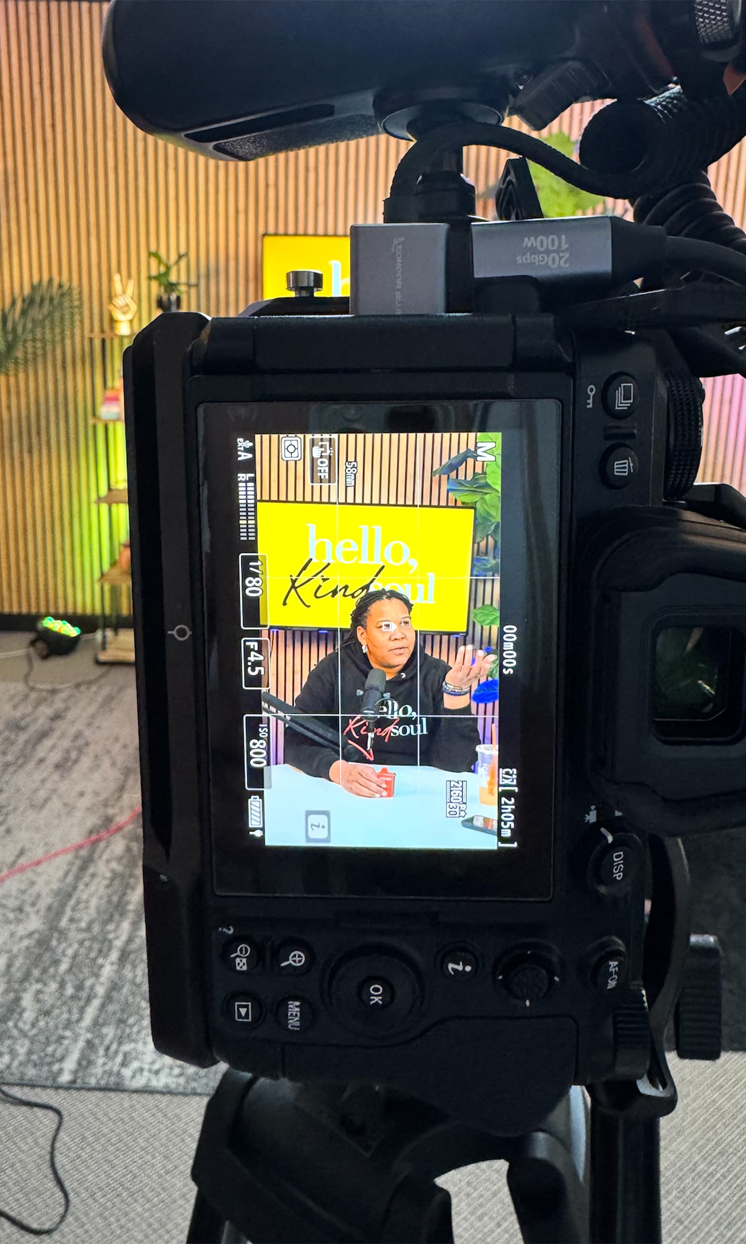 4K camera viewfinder during a live podcast recording